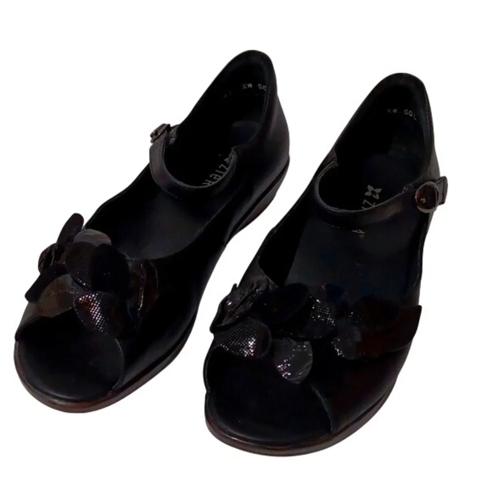 Ziera Women's Mary Janes Black Leather Floral  Shoes Flower Sz 40‎ US